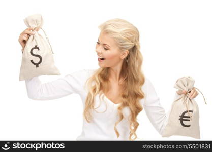 picture of woman with euro and dollar bags