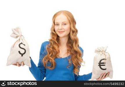 picture of woman with euro and dollar bags&#xA;