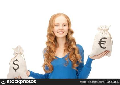 picture of woman with euro and dollar bags&#xA;