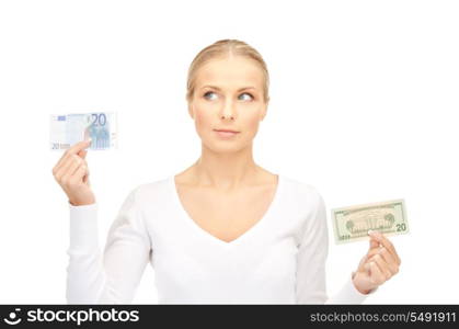 picture of woman with euro and dollar money notes