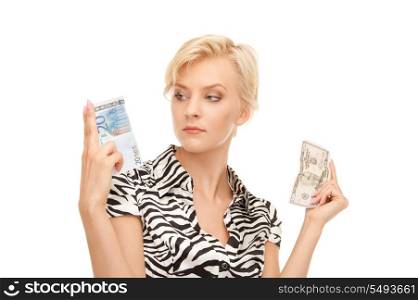 picture of woman with euro and dollar money notes