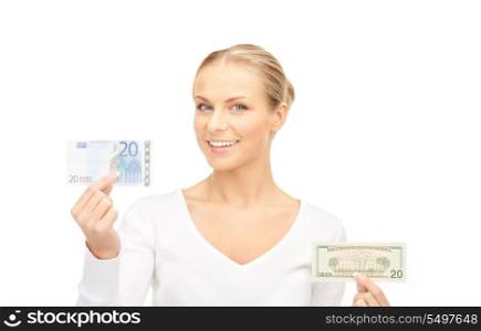 picture of woman with euro and dollar money notes
