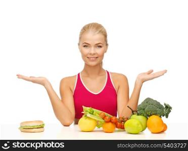 picture of woman with fruits versus hamburger