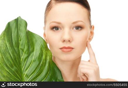 picture of woman with green leaf over white&#x9; &#xA;