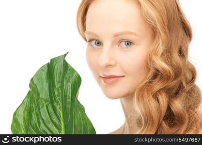 picture of woman with green leaf over white&#xA;