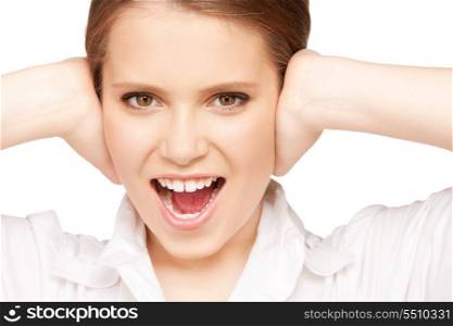 picture of woman with hands on ears.