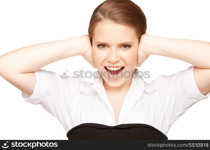 picture of woman with hands on ears.