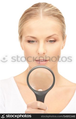 picture of woman with magnifying glass over white