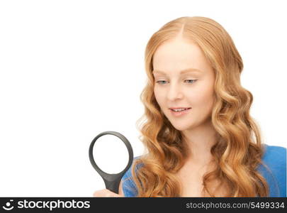 picture of woman with magnifying glass over white&#xA;