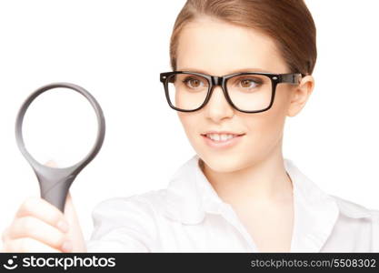 picture of woman with magnifying glass over white&#xA;