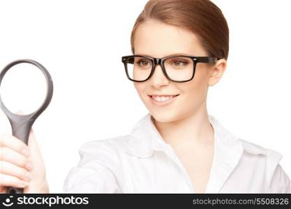 picture of woman with magnifying glass over white&#xA;