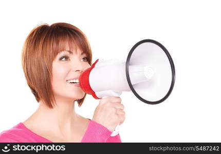 picture of woman with megaphone over white