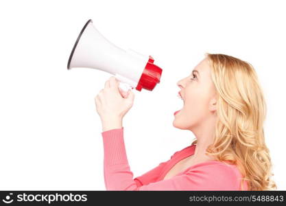 picture of woman with megaphone over white