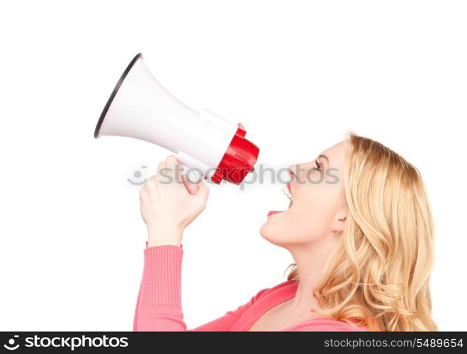 picture of woman with megaphone over white