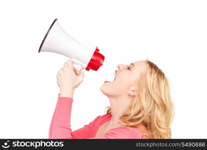 picture of woman with megaphone over white