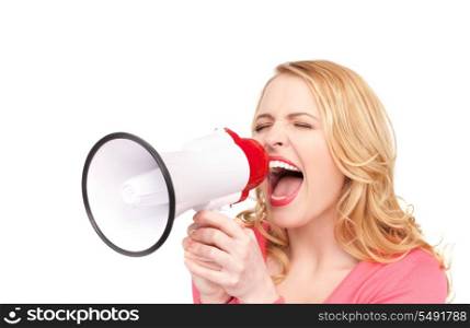 picture of woman with megaphone over white
