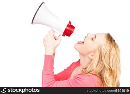 picture of woman with megaphone over white