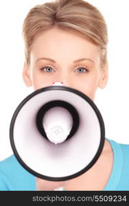 picture of woman with megaphone over white