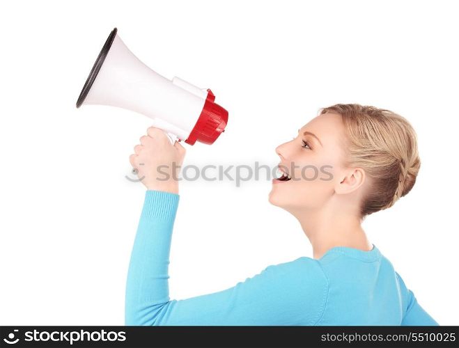 picture of woman with megaphone over white