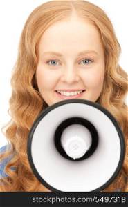 picture of woman with megaphone over white&#xA;
