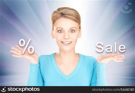 picture of woman with percent and sale on palms
