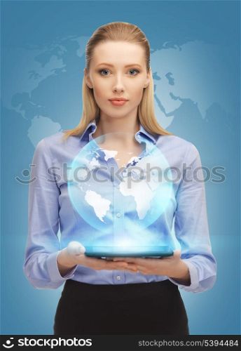 picture of woman with tablet pc and virtual earth