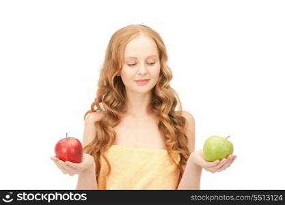 picture of young beautiful woman with green and red apples