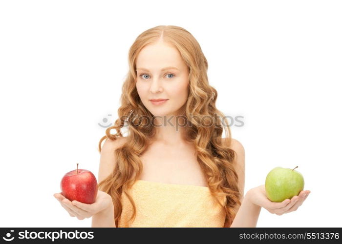 picture of young beautiful woman with green and red apples