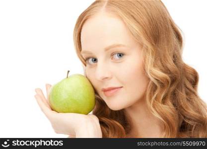 picture of young beautiful woman with green apple.