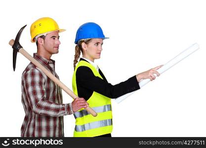 picture of young female architect with male bricklayer