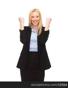 picture of young happy woman with hands up