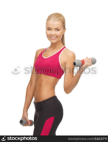 picture of young sporty woman with light dumbbells