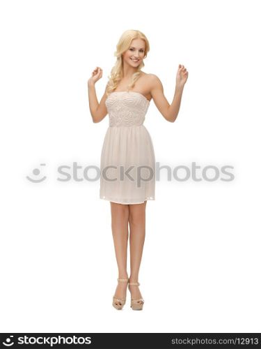 picture of young woman in white dress on high heels