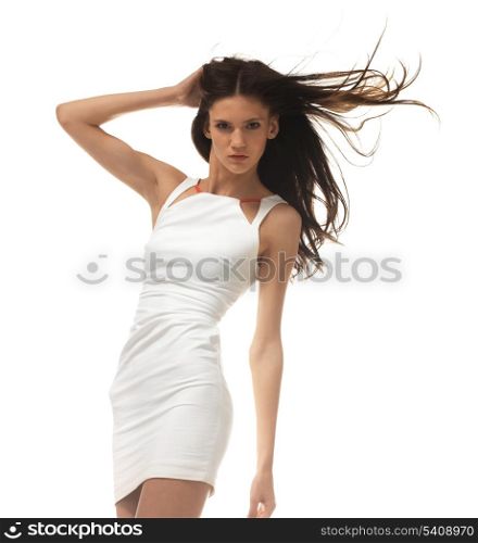 picture of young woman posing in white dress