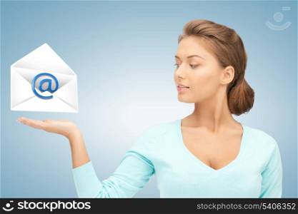 picture of young woman showing virtual envelope