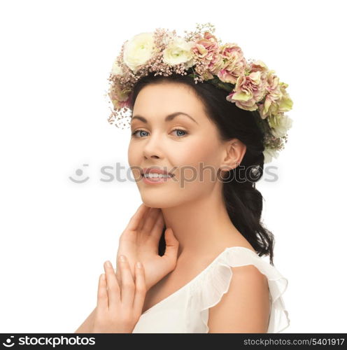 picture of young woman wearing wreath of flowers