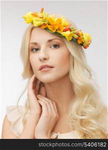 picture of young woman wearing wreath of flowers