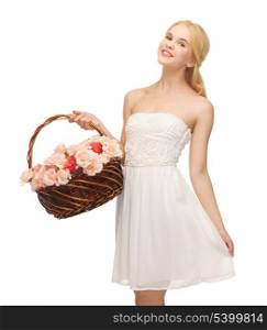 picture of young woman with basket full of flowers
