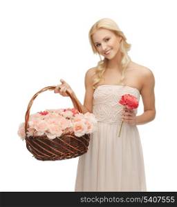 picture of young woman with basket full of flowers.