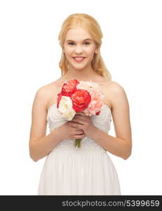 picture of young woman with bouquet of flowers.