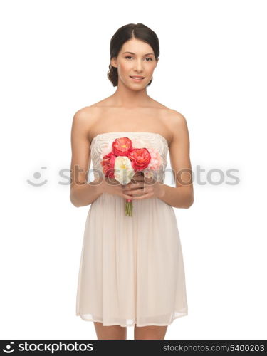 picture of young woman with bouquet of flowers.