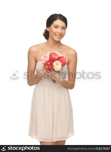 picture of young woman with bouquet of flowers.