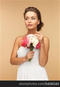 picture of young woman with bouquet of flowers.