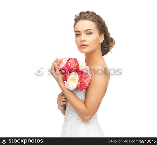 picture of young woman with bouquet of flowers.. woman with bouquet of flowers