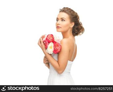 picture of young woman with bouquet of flowers.. woman with bouquet of flowers