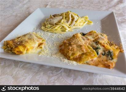 Pictured three typical Italian dishes, lasagne, crepes with aspagi and noodles with cream and mushrooms, served in a white dish.