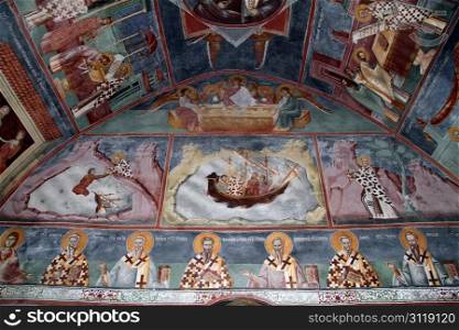 Pictures on the wall and roof of church in Moracha monastery, Montenegro