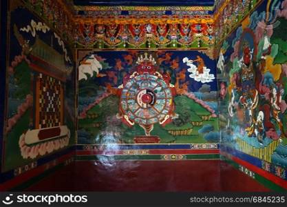 Pictures on the wall of Kyunglung monastery in Tibet, China