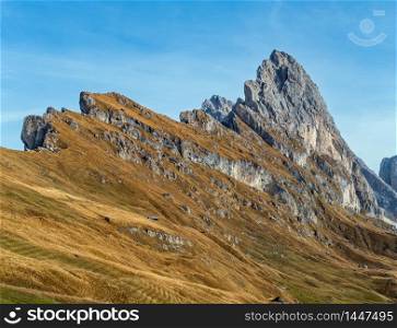 Picturesque autumn Alps mountain scene, famous italian Dolomites Seceda rock, Sass Rigais, Sudtirol, Italy. Beautiful traveling, seasonal and nature beauty concept scene.