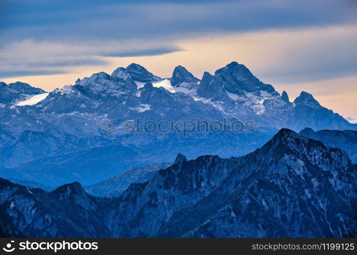 Picturesque autumn Alps mountain view from Schafberg viewpoint, Salzkammergut, Upper Austria.